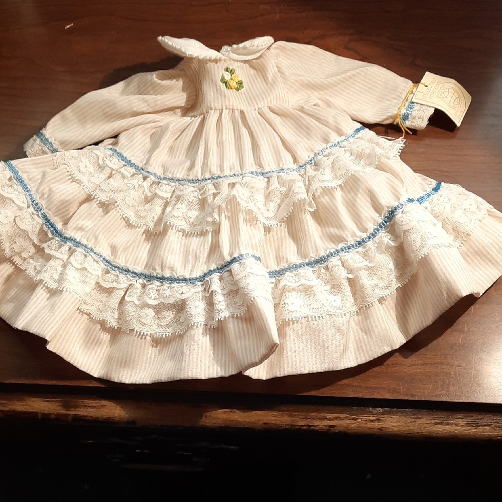 Elegant Cream Stripped Doll Dress with Lace and blue trim. Hat To Match